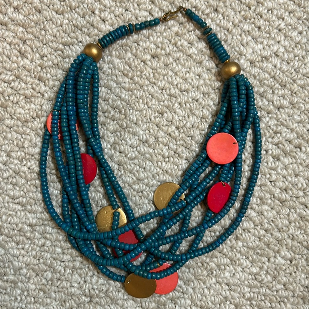 Fun aqua, gold, and red beaded necklace
